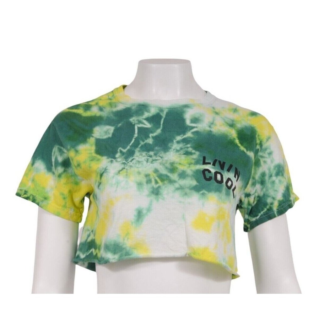 Livin Cool Womens Crop Top Size Small Green Yellow Tie Dye Cotton T Shirt